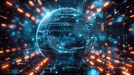 A visually striking and futuristic, a decentralized AI network powered by blockchain. In the center, a glowing, transparent globe represents the global network, with data nodes connected around it.