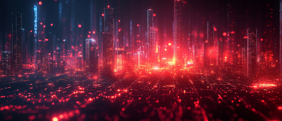 Naklejka premium Vibrant digital landscape with glowing data streams and futuristic elements, creating a cybernetic city atmosphere.