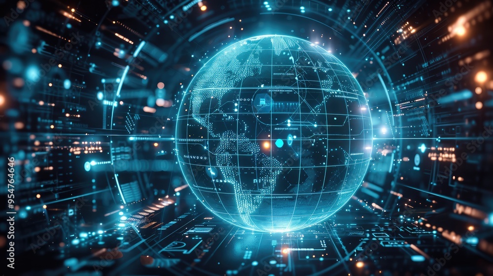 Poster A visually striking and futuristic, a decentralized AI network powered by blockchain. In the center, a glowing, transparent globe represents the global network, with data nodes connected around it.