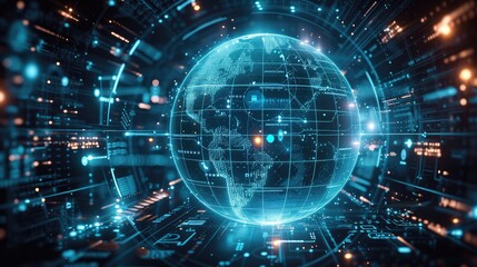 A visually striking and futuristic, a decentralized AI network powered by blockchain. In the center, a glowing, transparent globe represents the global network, with data nodes connected around it.