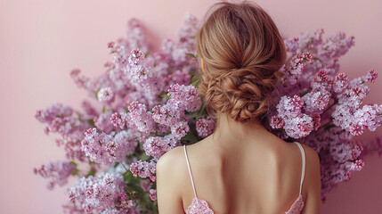A young woman in a beautiful dress with a big bouquet of lilac.