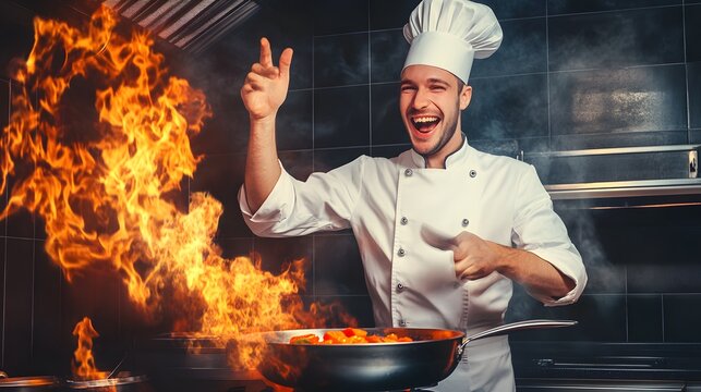 A chef smiles as he expertly cooks with a large flame in a professional kitchen.