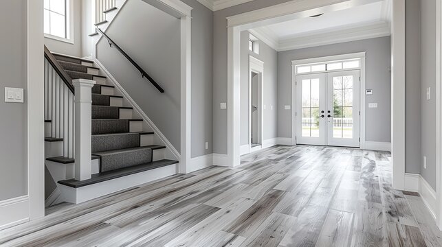 A modern farmhouse style foyer with gray LVP flooring. The walls are also painted gray. Generative AI.