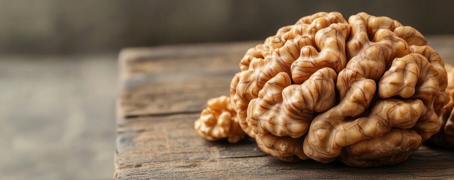 Close-up of walnuts shaped like a brain on a rustic wooden table, natural brain food, symbolic imagery