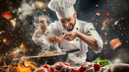 A male chef with a beard, wearing a white chef's hat and a white uniform, happily flips a steak in a pan.