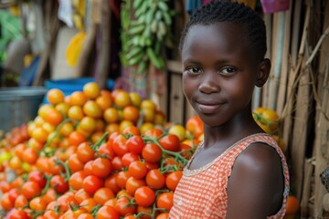 Fototapeta premium Young Girl in African Market with Fresh Tomatoes and Bananas