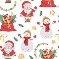 Seamless pattern with cute Santa Claus, snowman and gift bag. Vector holiday texture in flat style. Suitable for wallpaper, wrapping paper, fabric, etc