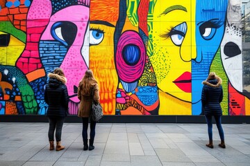 Three individuals are closely observing a vibrant and large abstract mural on an urban wall, showcasing a mix of geometric shapes and expressive faces in various bright colors.