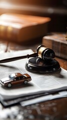 Gavel and car model on a desk with a blurry office background. This concept represents a traffic law court case or a painter's rendering of legal protection for vehicles and drivers' rights