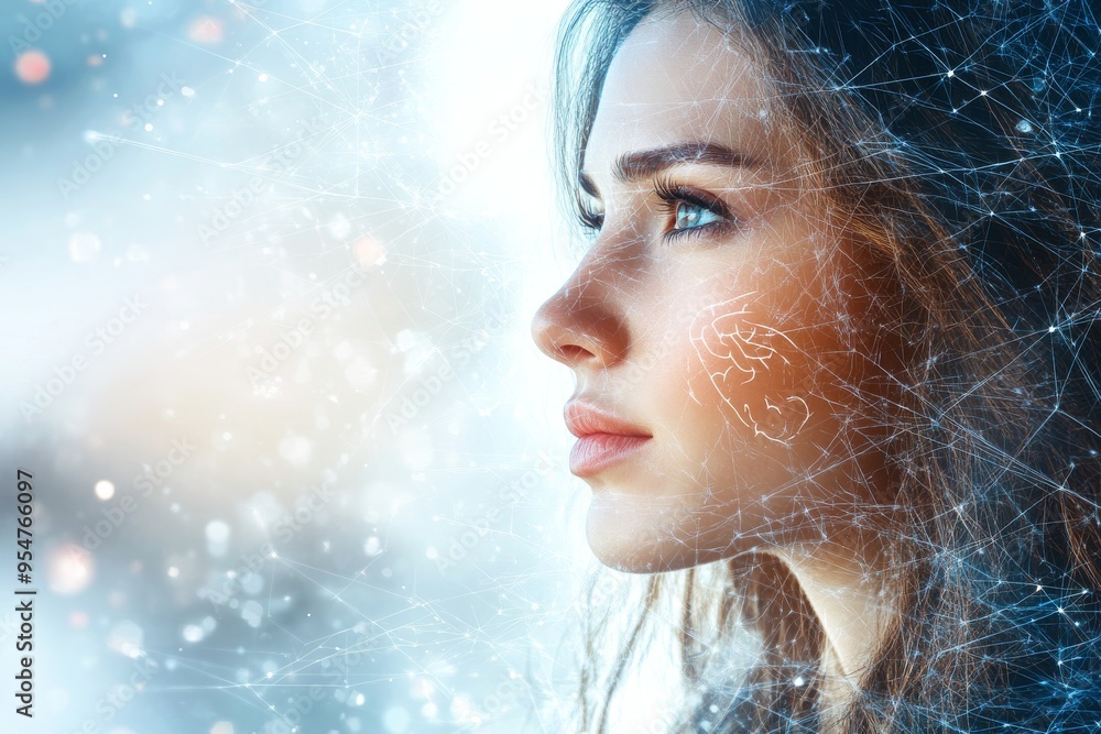 Aufkleber cognitive decline brain stimulation side profile of a young woman surrounded by a digital network sy