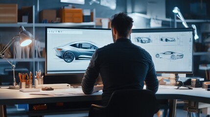 Automotive Designer Hard at Work on Car Concept Sketches