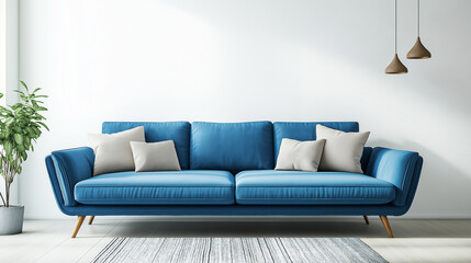 sofa in a room, A blue sofa serves as the of the room, positioned against a white or light-colored