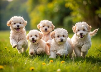 A group of playful bichon griffon puppies frolic in a lush meadow, their fluffy coats and curly tails wagging joyfully in the sun.