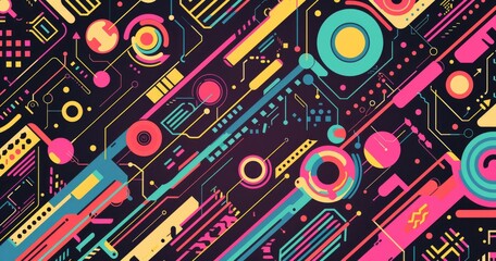 A vibrant abstract design featuring geometric shapes and lines in bright colors, ideal for digital art or technology themes.