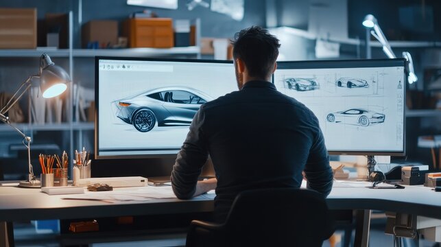 Automotive Designer Hard at Work on Car Concept Sketches