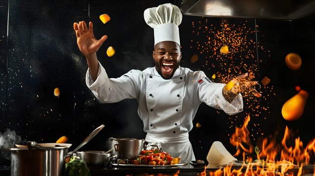 A happy male chef tosses ingredients in the air while cooking over a roaring flame.