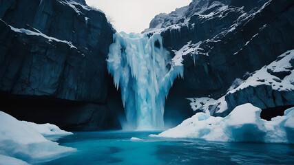 a frozen waterfall cascading down a rocky cliff, with a blue tint and a few snowy patches visible