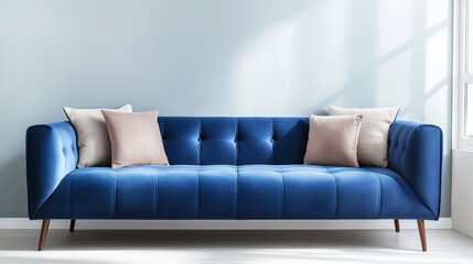 blue sofa, sofa in a room, A blue sofa serves as the of the room, positioned against a white or light-colored