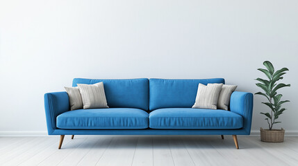 sofa in a room, A blue sofa serves as the of the room, positioned against a white or light-colored