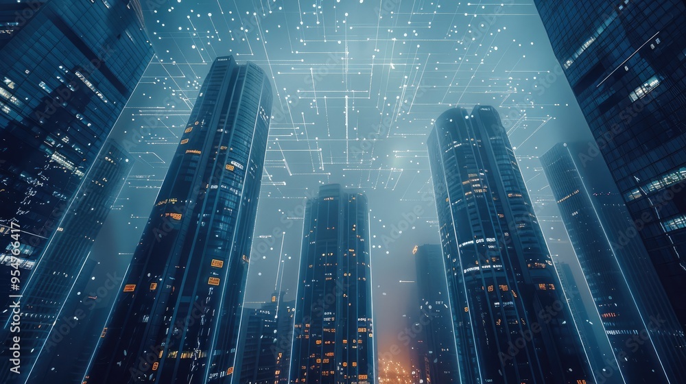 Aufkleber technology, city, data. smart city with wireless network connection and cityscape. generative ai.