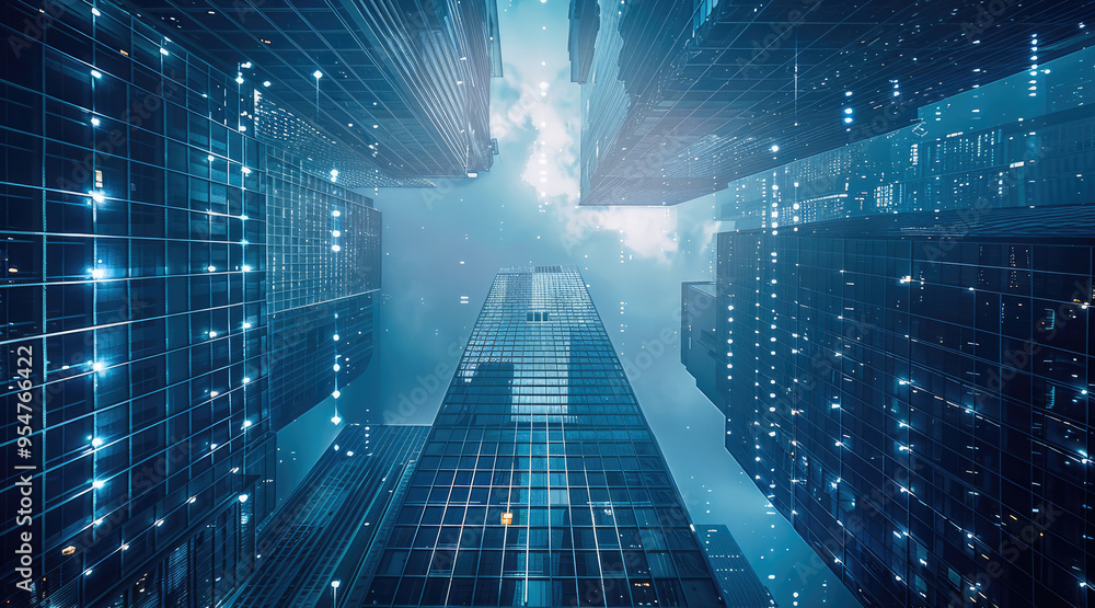 Aufkleber technology, city, data. smart city with wireless network connection and cityscape. generative ai.