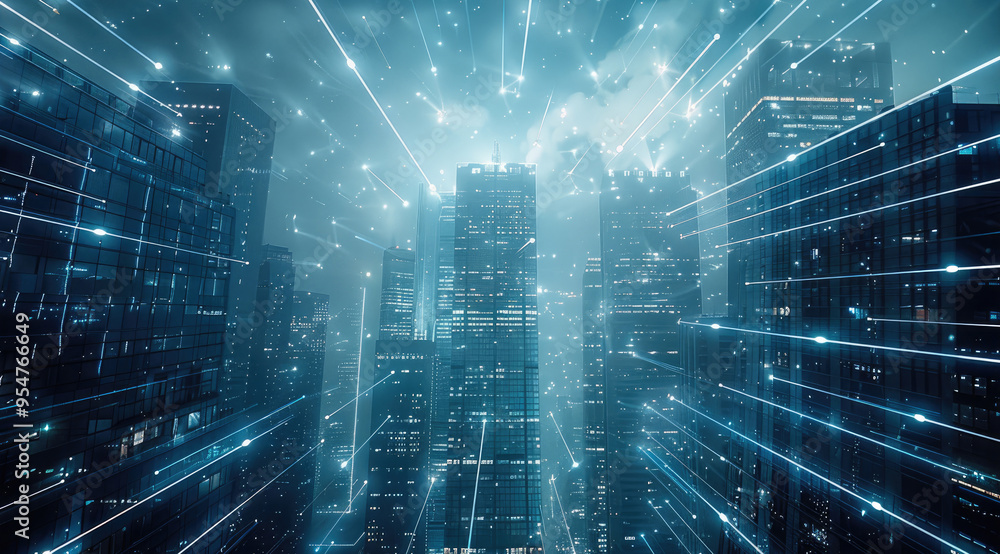 Aufkleber technology, city, data. smart city with wireless network connection and cityscape. generative ai.