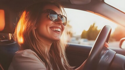 Fototapeta premium Happy woman driving a car, smiling with sun shining on her face.
