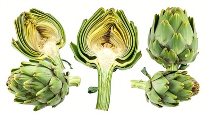 Obraz premium Fresh and healthy artichokes displayed beautifully on a white background. The vibrant green color and unique shapes showcase their freshness. Perfect for food photography or culinary design. AI