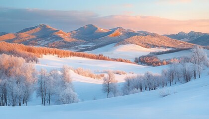 Snow-covered hills at dawn, with the first light of the day casting a warm glow on the frosty landscape, creating a serene winter scene, Serene, Warm Tones, Wide Shot