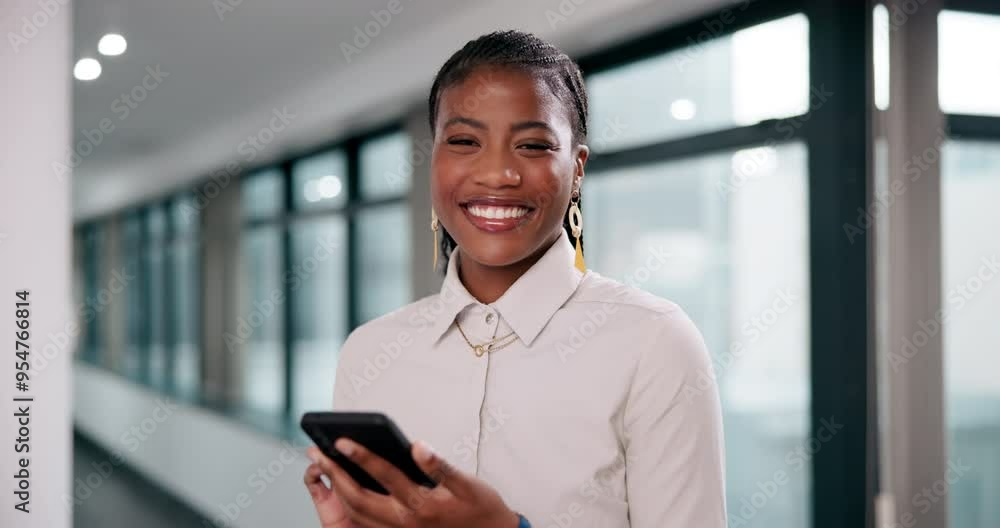 Sticker Black woman, happy portrait and phone for communication with network, texting and positive feedback. African female employee, face smile and mobile for news, virtual discussion and chat app in office