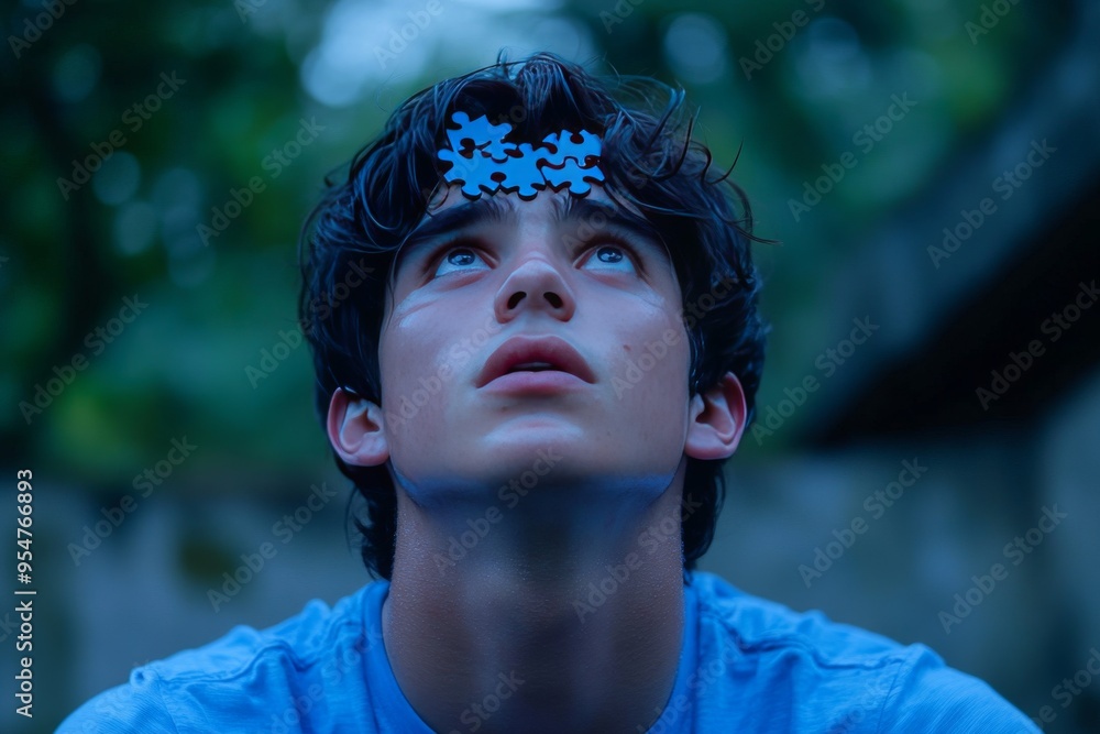 Poster emotional resilience brain stimulation teenager looking upwards with puzzle pieces on his face symbo