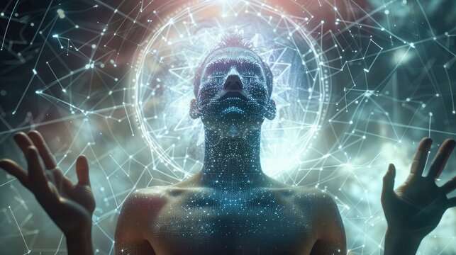 A person with vibrational frequencies around their body, mandalas and sacred geometric shapes make up the image. Generative AI.