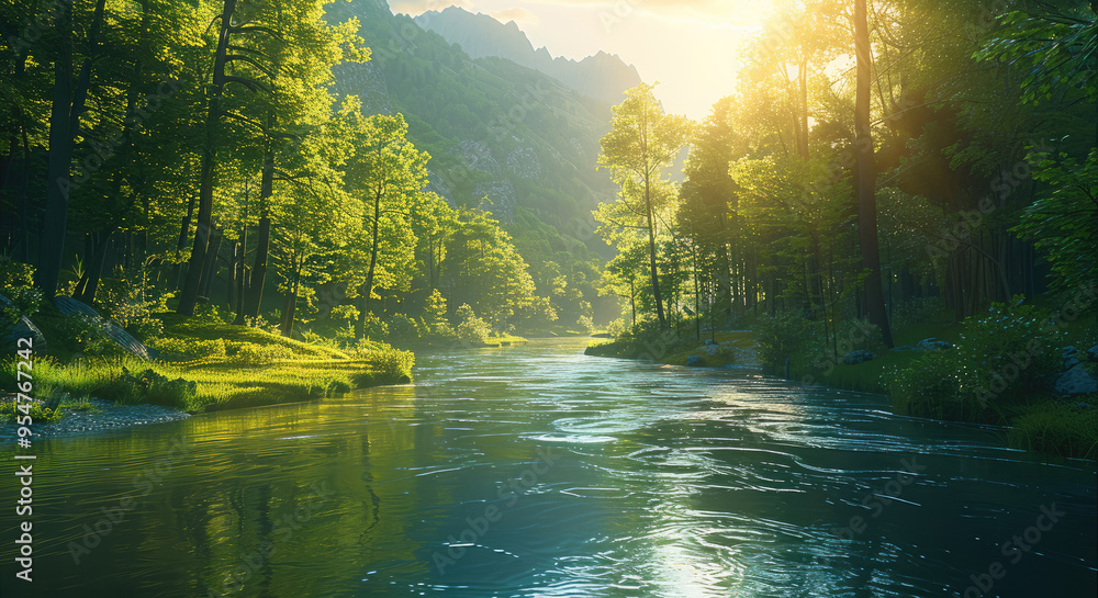 Poster A tranquil river winding through a dense forest at the base of a mountain range, with soft sunlight filtering through. Generative AI.