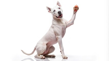 a photo image of a white pitbull terrier standing on its hind legs, paw in the air, with a black nose and ears, on a white background