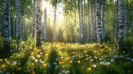 Obraz premium Sunlit Birch Forest with Wildflowers