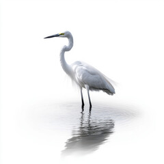 Naklejka premium A serene white egret stands in still water, with its reflection perfectly mirrored, against a white background.