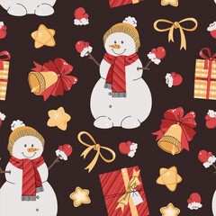 Seamless pattern with snowman, Christmas bell and gift. Vector holiday texture in flat style. Suitable for wallpaper, wrapping paper, fabric, etc.