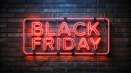 Fototapeta premium Neon Black Friday Sign On Brick Wall. Sale Shopping.