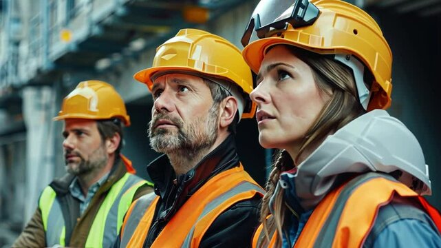 A foreman, engineering manager, and project consultant working together to solve a problem on-site, each in safety helmets and reflective vests