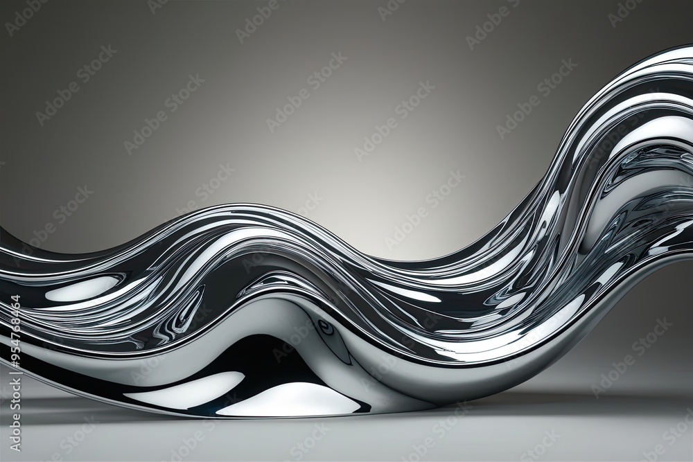 Poster three dimensional chrome wave flow with glossy metallic finish
