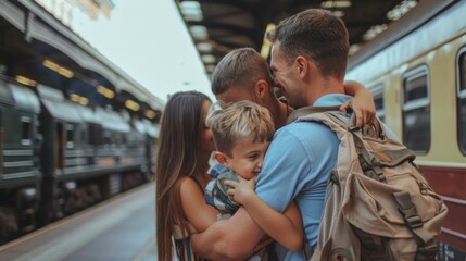 A family shares emotional goodbyes at a train station, hinting at a heartfelt journey ahead. Smiles, hugs, and backpacks convey love and warmth in this touching scene.