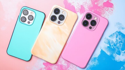 set of five back covers for mobile phone in different colors isolated on pink and half part painted in blue background, phone case mock up for iPhone 13 Pro Max and 14 Plus 