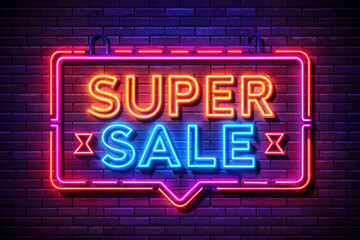 Neon Super Sale Sign On Brick Wall Background