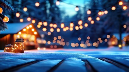 A serene winter scene illuminated by festive lights, showcasing cozy cabins and a snowy landscape.