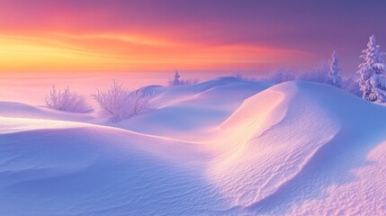 Snow-Covered Landscape at Sunrise with Pink and Orange Sky
