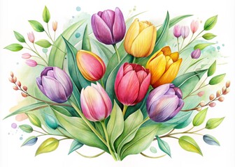 Obraz premium Photo image of a whimsical illustration featuring a bouquet of colorful tulips surrounded by delicate vines and leaves in a soft watercolor style.