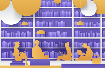 Library scene with people reading and working. Silhouette figures of people with laptops and books in a modern library setting with purple bookshelves and yellow hanging lamps. Papercut style © mast3r