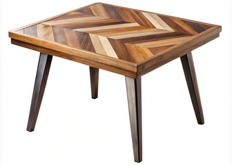 A photo image of a trendy wooden end table with a geometric patterned top, featuring chevrons and herringbone designs in a contrasting wood grain.