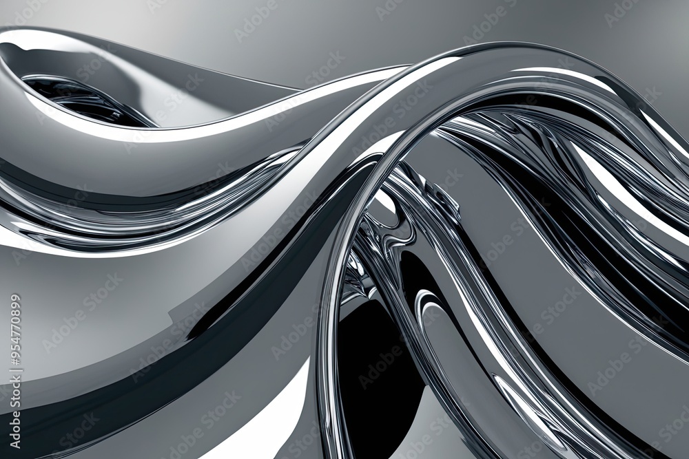 Poster three dimensional metallic wave rendering with curved chrome flowing abstract design