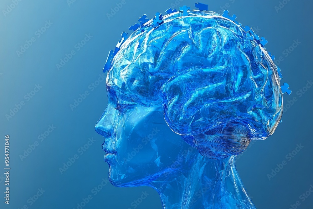 Aufkleber neurotransmitter system neuroethics blue toned sculpture of a human head with a brain symbolizing co